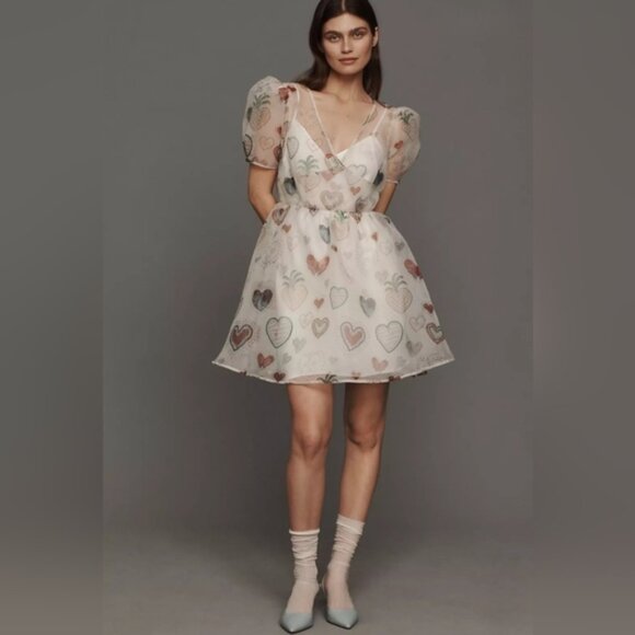 FARM Rio Anthropologie Sheer Heart Puff Sleeve Mini Dress In White Size L NWT - Picture 2 of 12